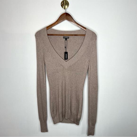 Express Sweaters - Express Tan V-Neck Knit Sweater